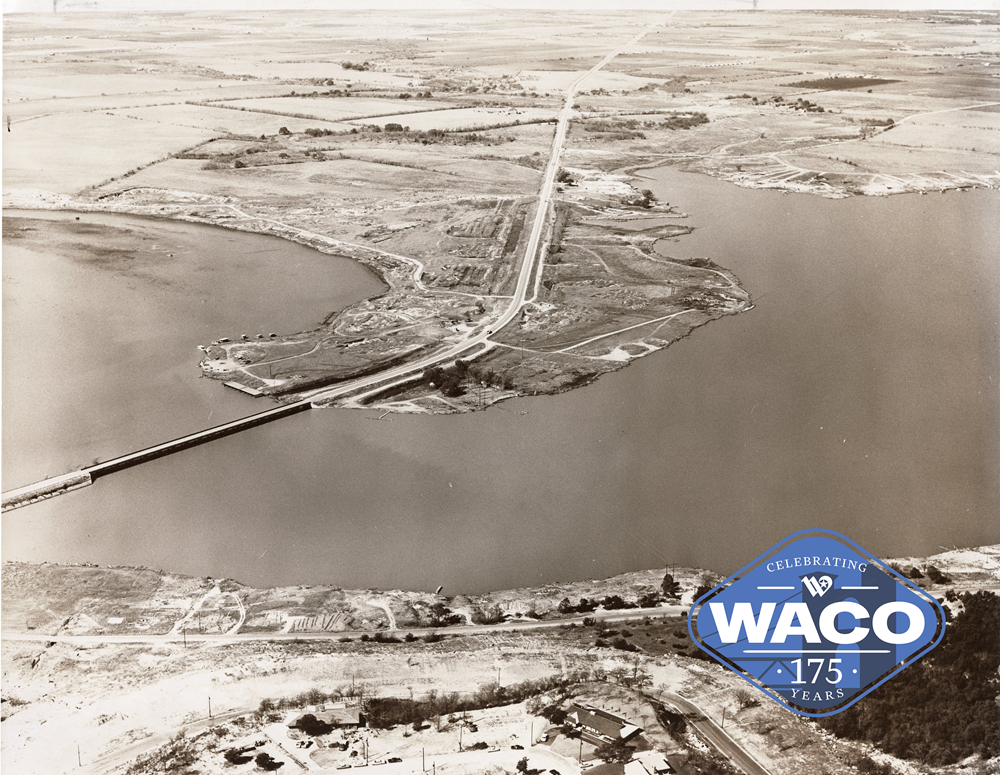 Aerial view of Lake Waco dam in 1964