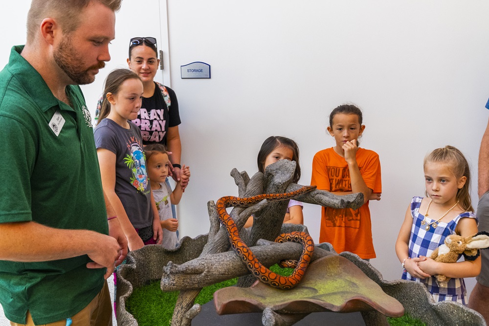 Zoo employee demonstrating an orange snake to onlooking kids