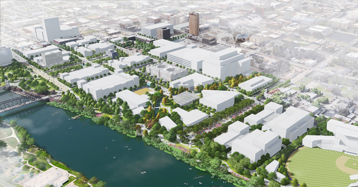 Aerial view of a rendering of plans for Downtown Waco