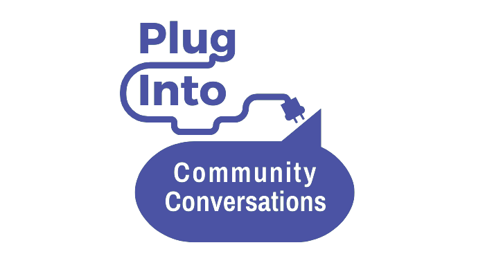 Logo in blue and white for the Plug into Community Conversations Conference - shows plug going into a thought bubble.